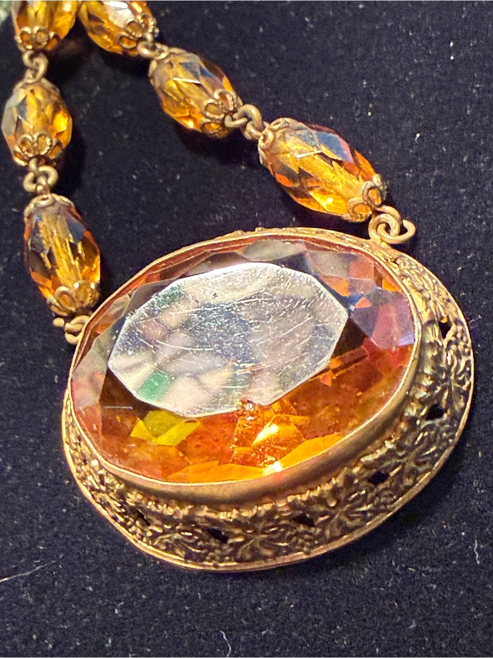 Vintage necklace -gold‎ faceted glass -antique estate -23” long -brass Victorian